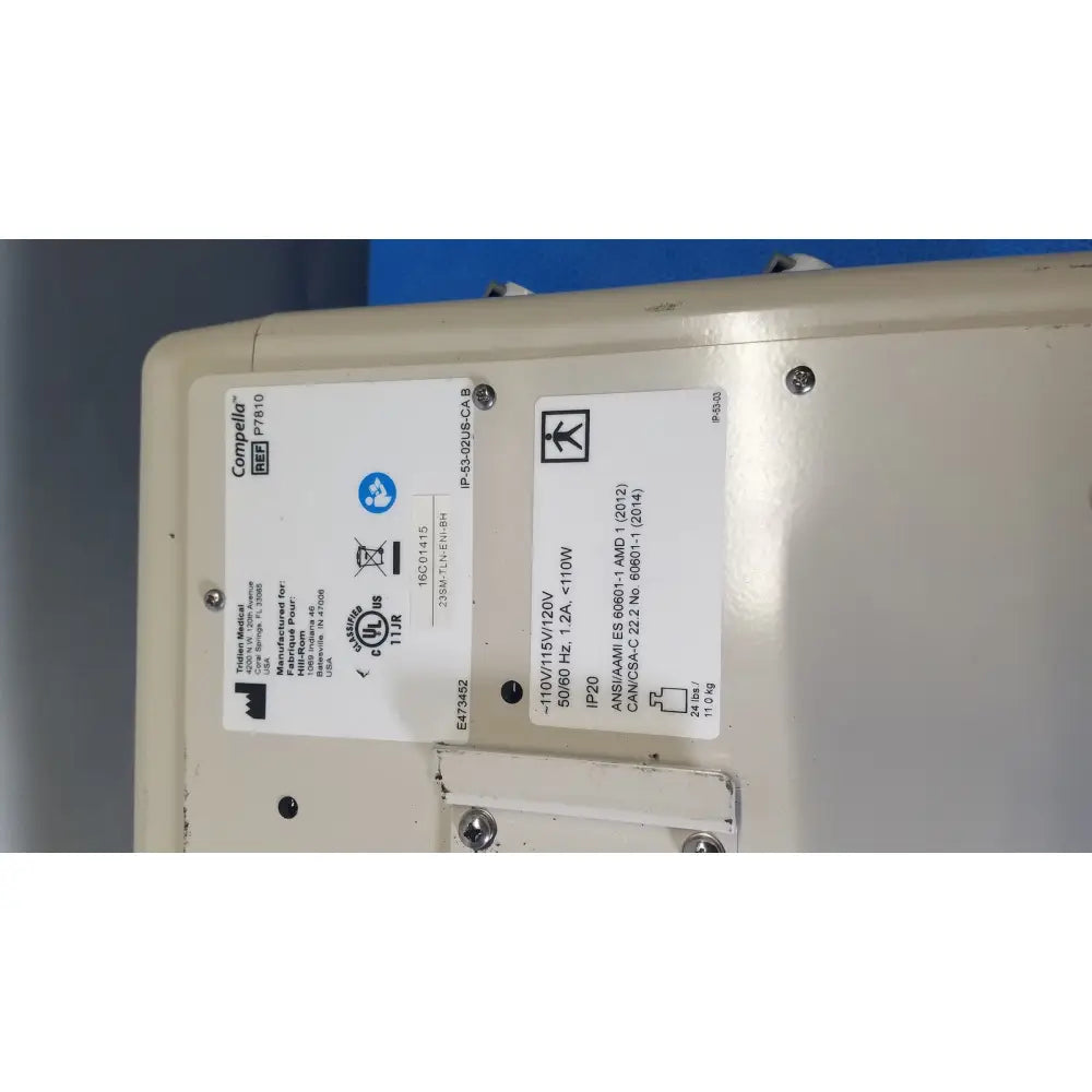 Beige compella p7610 industrial control panel with labeled specifications and certifications for hill-rom p7810 compella bariatric therapy system