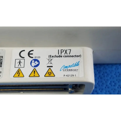 White plastic hitachi cc41r ultrasound probe labeled ce ipx7 compatible with sterrad for medical imaging use
