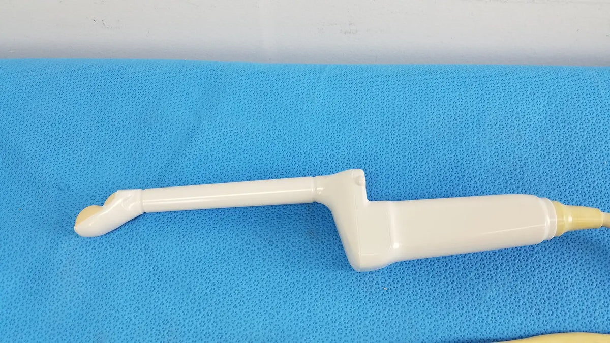 Cream-colored plastic hitachi cc41r ultrasound probe with curved handle and tapered tip for medical imaging use