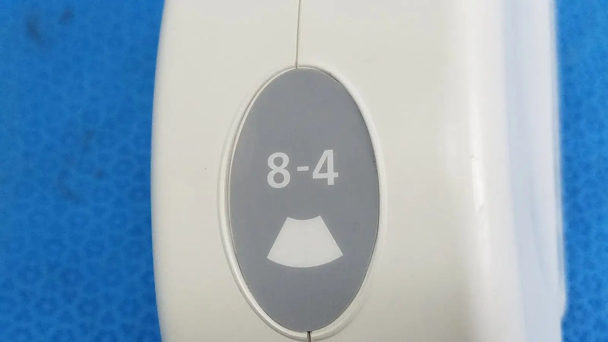 White plastic presser foot with gray 8-4 label and fabric icon for hitachi cc41r ultrasound probe 8-4 mhz