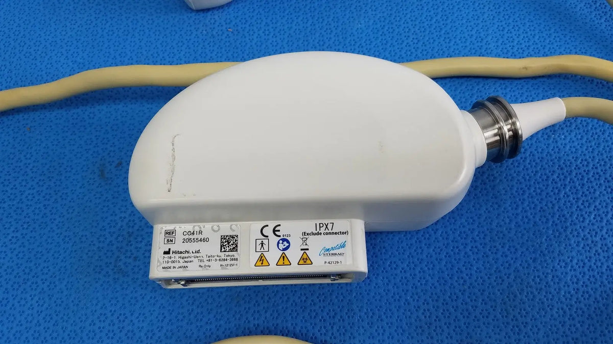 White plastic Hitachi cc41r ultrasound probe with metallic connector model ob41r for 8-4 MHz imaging use