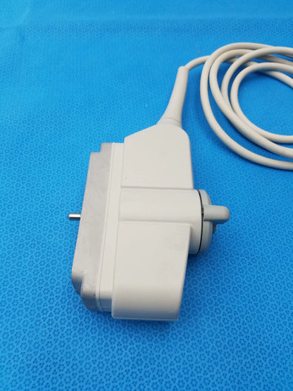 White plastic hl5-9ed linear ultrasound transducer probe with coiled beige cable for ultrasound imaging use