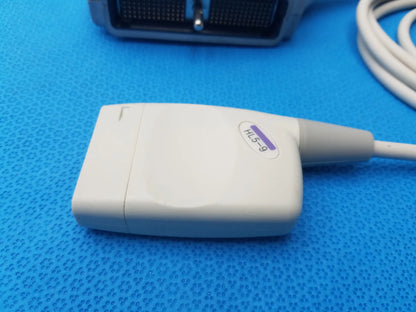 Hl5-9ed white plastic linear ultrasound transducer probe with gray connector and purple label for ultrasound imaging