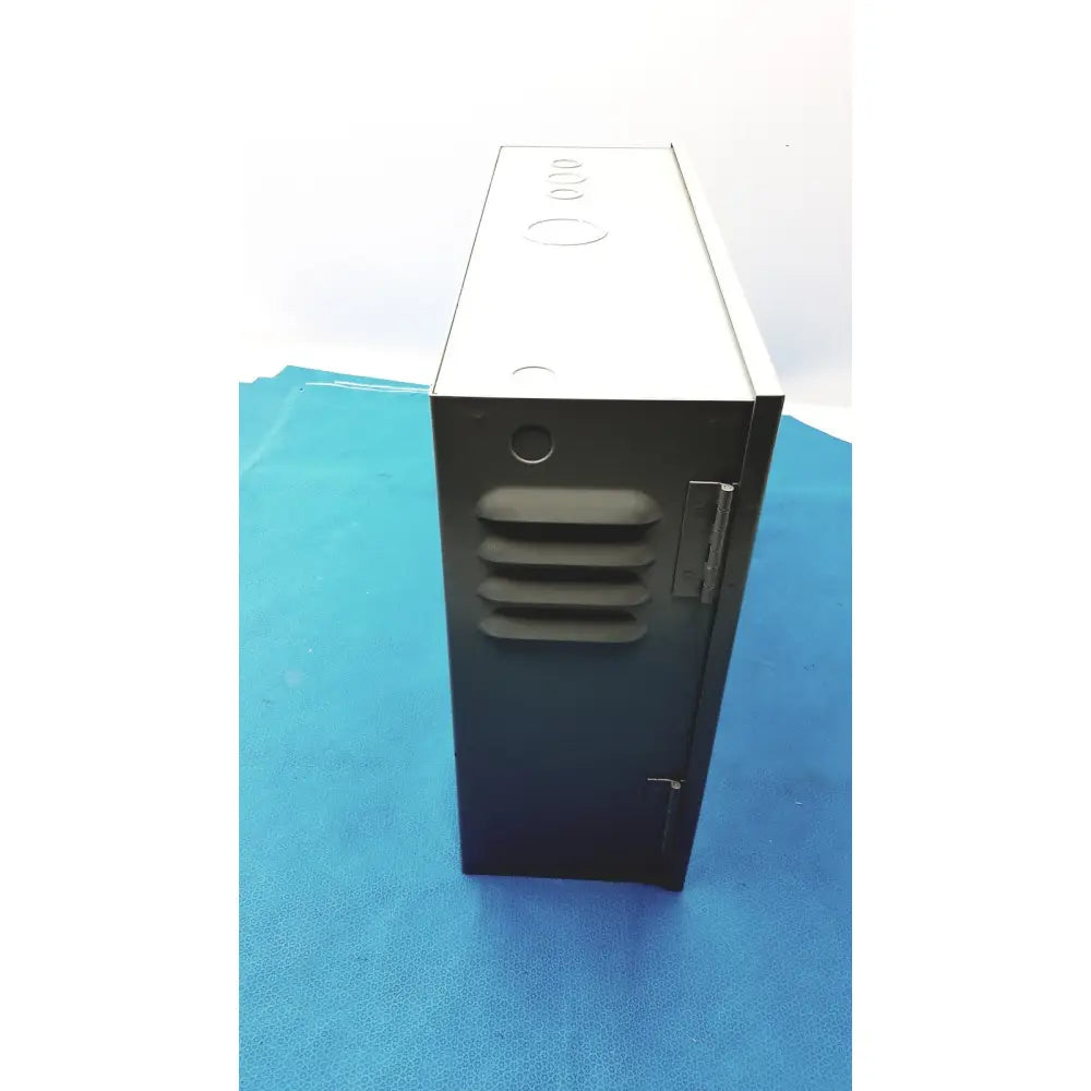Black metal locker with silver handle and horizontal ventilation slats on the front for hoffman steel type 1 cutout box