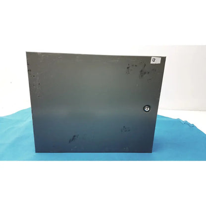 Dark gray hoffman steel type 1 cutout box with circular lock latch and minor surface scratches on metal surface