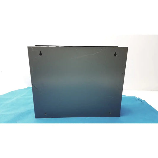 Black rectangular hoffman steel type 1 cutout box with latch and mounting holes at each corner made of steel