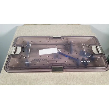 Transparent purple plastic surgical instrument tray with silver metal latches for Hologic THS-01513 operative diagnostic sheath