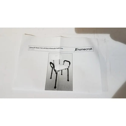 Homecraft shower chair with backrest and padded removable arms features white seat and backrest with black metal legs