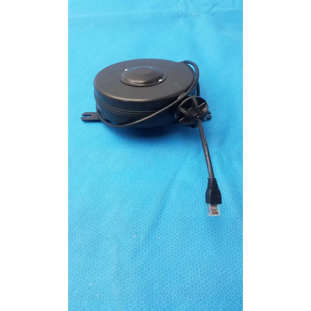 Black circular hospital and network grade retractable cable reel with ethernet cord and rj45 connector