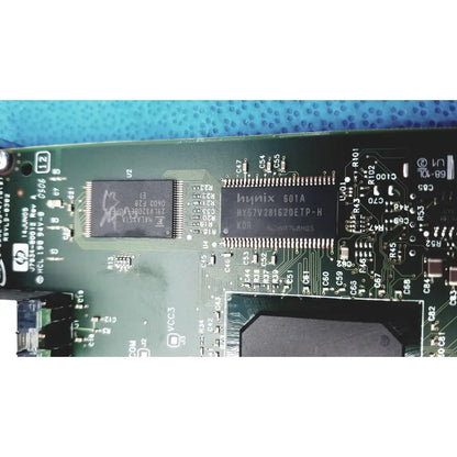 Green circuit board of hp jetdirect 620n fast ethernet print server with black hynix 601a memory chip and components