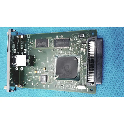 Green hp jetdirect 620n pci expansion card with black circuits and silver connectors for fast ethernet print server use
