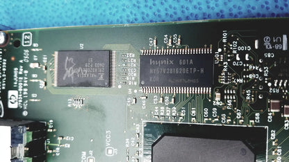 Green circuit board of hp jetdirect 620n fast ethernet print server with black hynix 601a memory chip and components