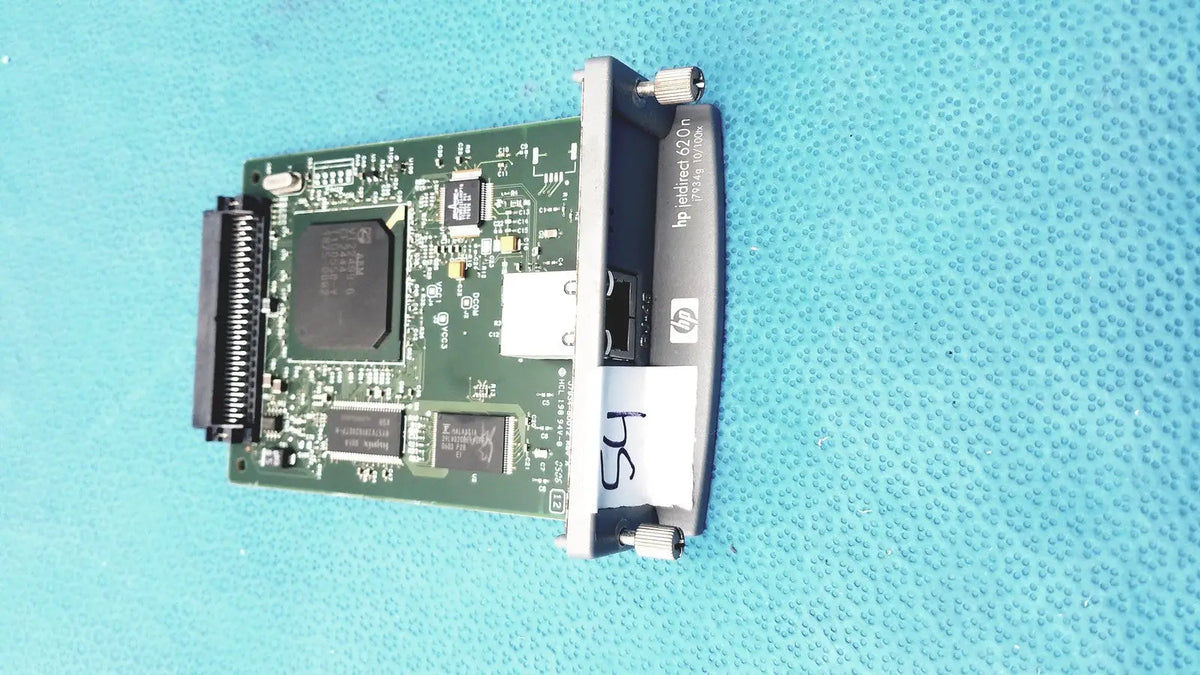 Hp jetdirect 620n fast ethernet print server network interface card with green circuit board and black components