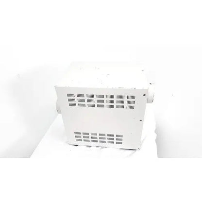 White metal industrial fan with rectangular vent grid on the back side of hp power module laser power output 50/60hz