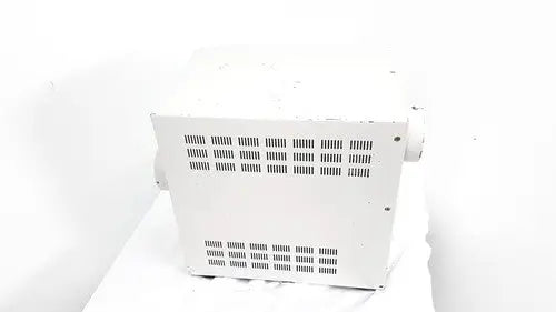 White metal industrial fan with rectangular vent grid on the back side of hp power module laser power output 50/60hz