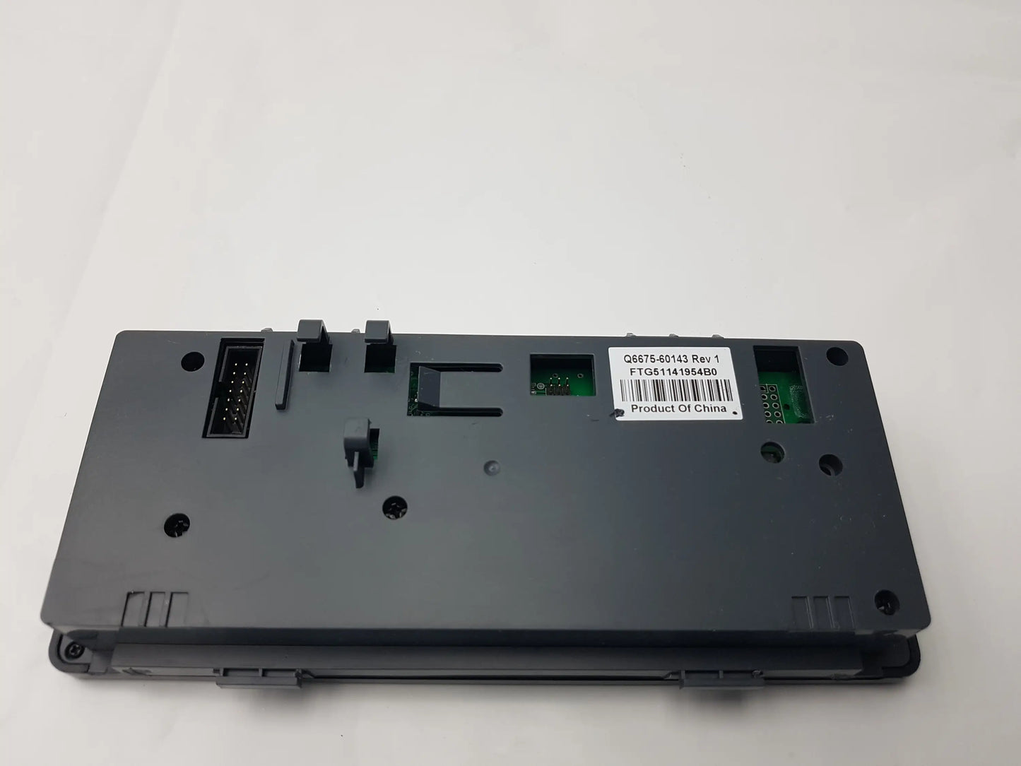 Black plastic hp q6675-60143 compatible hp designjet control panel base with integrated circuit board and connector ports back side