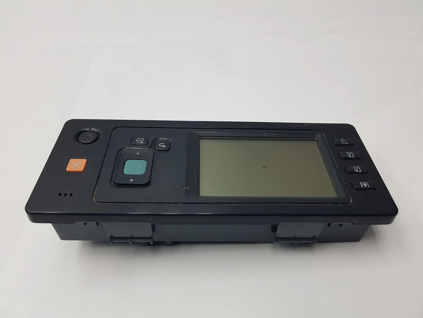Black rectangular hp q6675-60143 front overlay control panel with touchscreen and colored buttons for compatible hp designjet