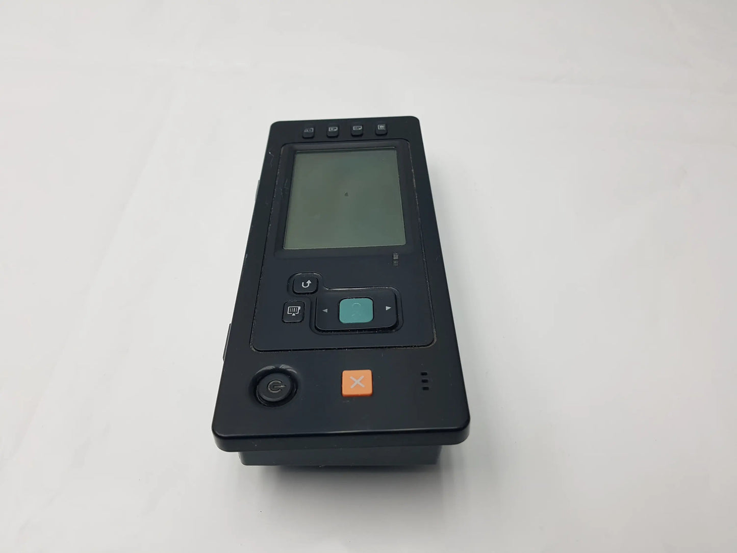 Black handheld barcode scanner with screen and orange scan button on compatible hp designjet overlay control panel