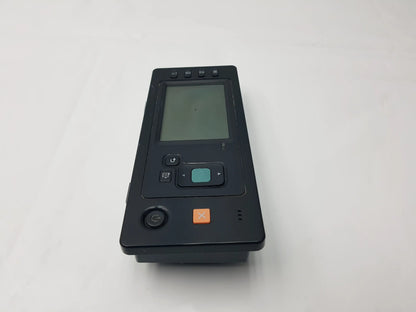 Black handheld barcode scanner with screen and orange scan button on compatible hp designjet overlay control panel