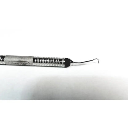 Silver metallic hu-friedy odu pq2n7 dental instrument with textured grip and curved metal tip for periodontal use
