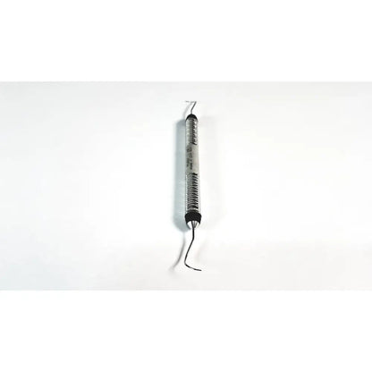 Silver metallic spring-loaded hu-friedy explorer 11/12 odu pq2n7 dental instrument with black rubberized grips