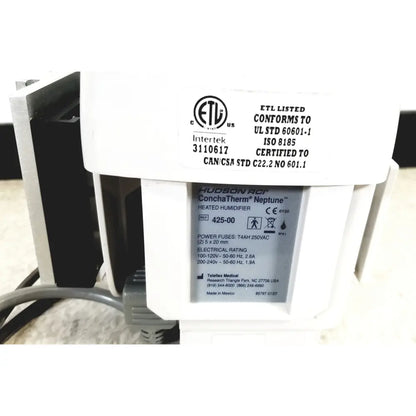 White plastic hudson rci conchatherm neptune heated humidifier 425-00 with gray label showing technical specifications