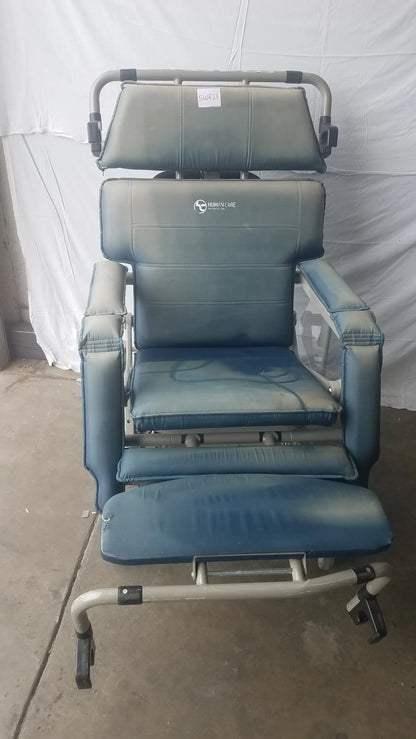 HumanCare I-400 bariatric convertible chair blue upholstered with padded headrest armrests and footrest on metal frame