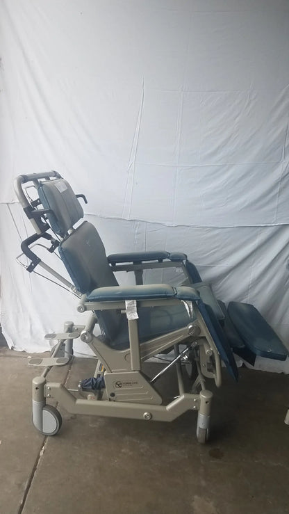 HumanCare I-400 bariatric convertible chair in gray and blue with metal frame and wheels for medical use