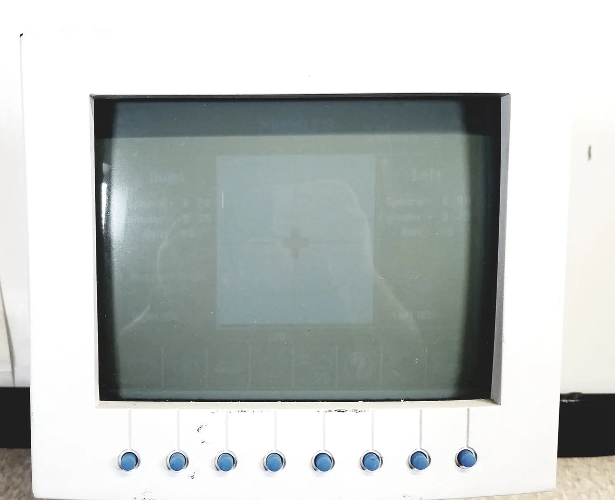 Humphery instruments white plastic lens analyzer with black screen and seven blue buttons for reuse medical use