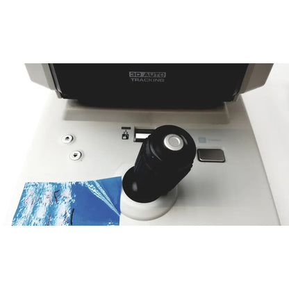 Black joystick with silver top mounted on white base of huvitz autorefractometer keratometer model hrk-7000a auto device