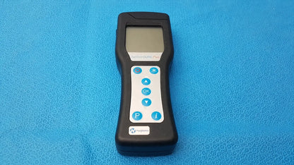 Black handheld hygiena systemsure plus atp monitoring device with rectangular screen and blue circular buttons