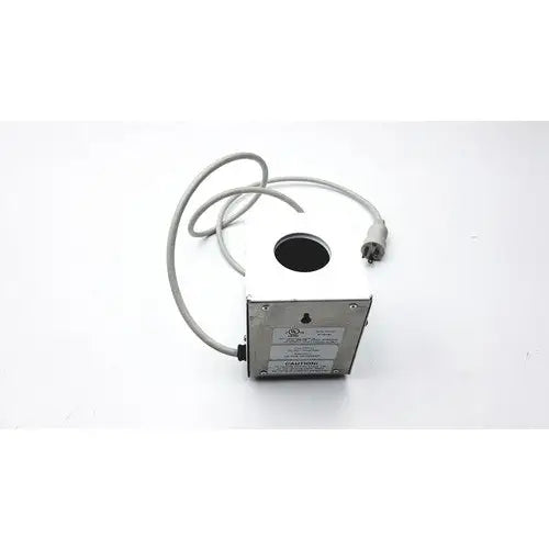 White rectangular ideal products ultrasonic gel heater gw108 with coiled gray cable and circular top opening