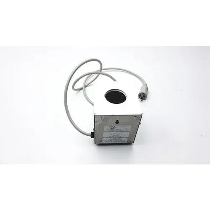 White rectangular ideal products ultrasonic gel heater gw108 with coiled gray cable and circular top opening