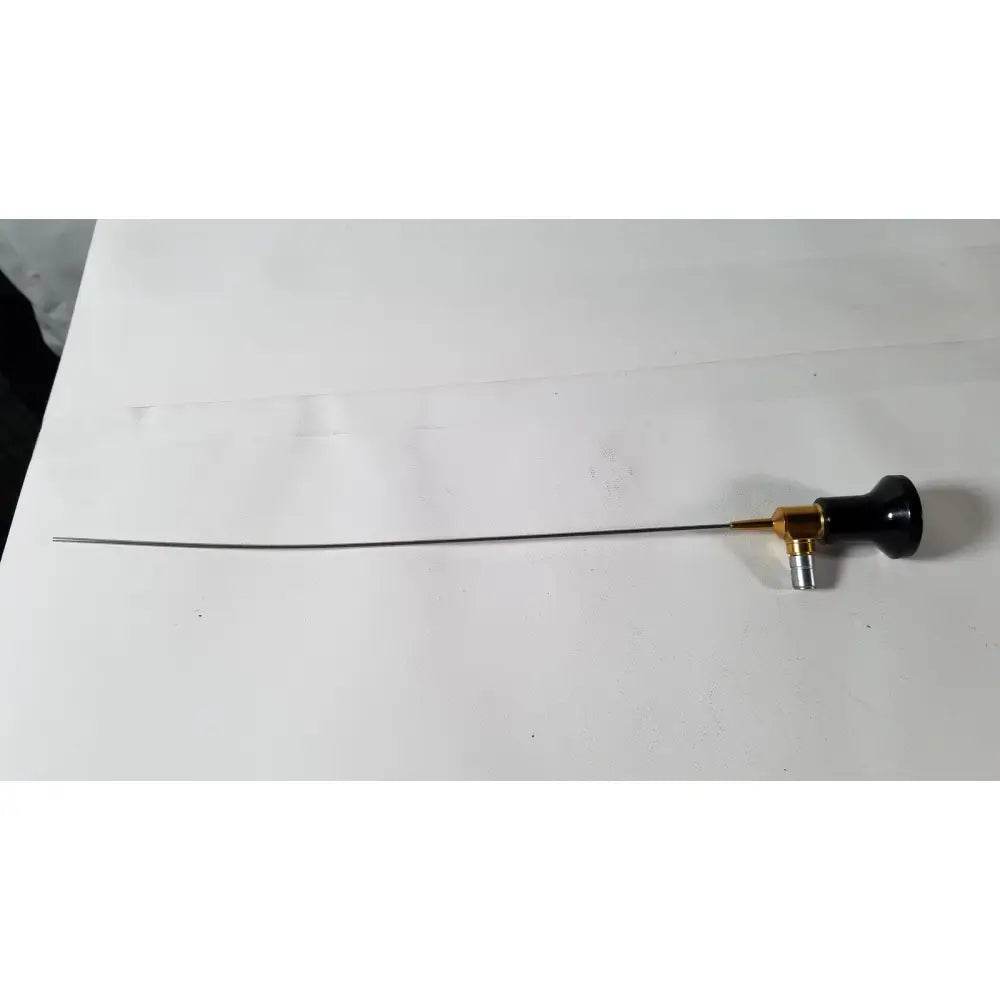 Black-handled imagyn microlap ml-gold cystoscope with slender metallic shaft and gold-toned joint for medical use