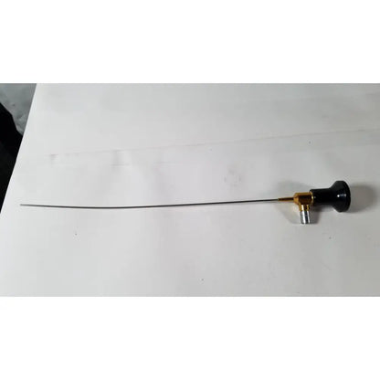 Black-handled imagyn microlap ml-gold cystoscope with slender metallic shaft and gold-toned joint for medical use