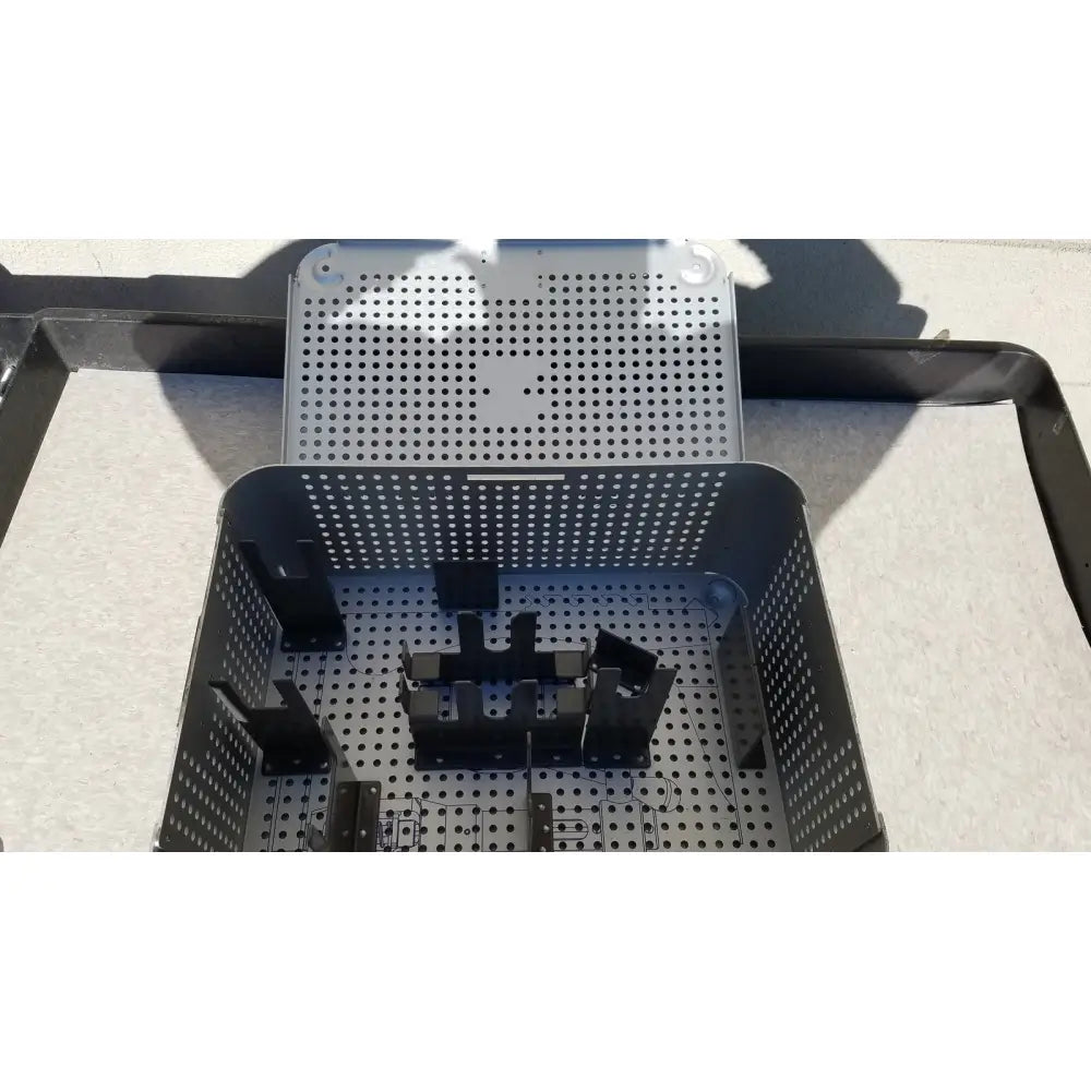 Black perforated metal storage tray with adjustable dividers for imp innovative medical mayo knee positioner accessories