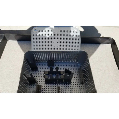 Black perforated metal storage tray with adjustable dividers for imp innovative medical mayo knee positioner accessories