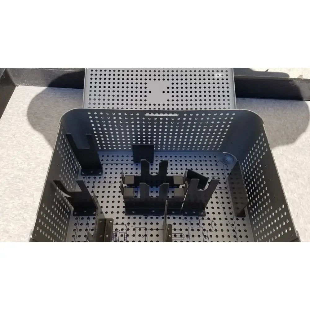 Black perforated metal storage basket with adjustable dividers for imp innovative medical 706-m mayo knee positioner tray