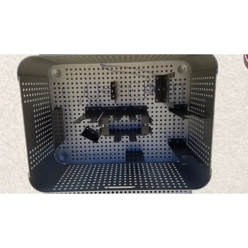 Black perforated metal storage bin with adjustable shelf brackets for imp innovative medical mayo knee positioner accessories tray