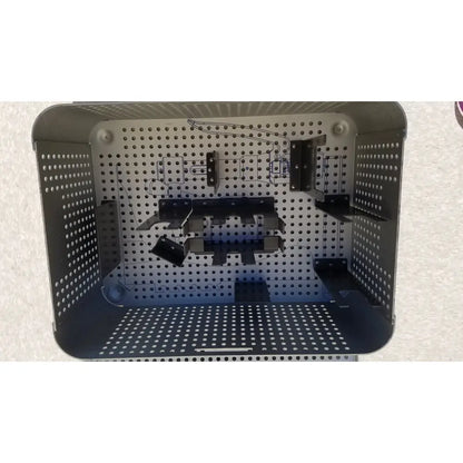 Black perforated metal storage bin with adjustable shelf brackets for imp innovative medical mayo knee positioner accessories tray