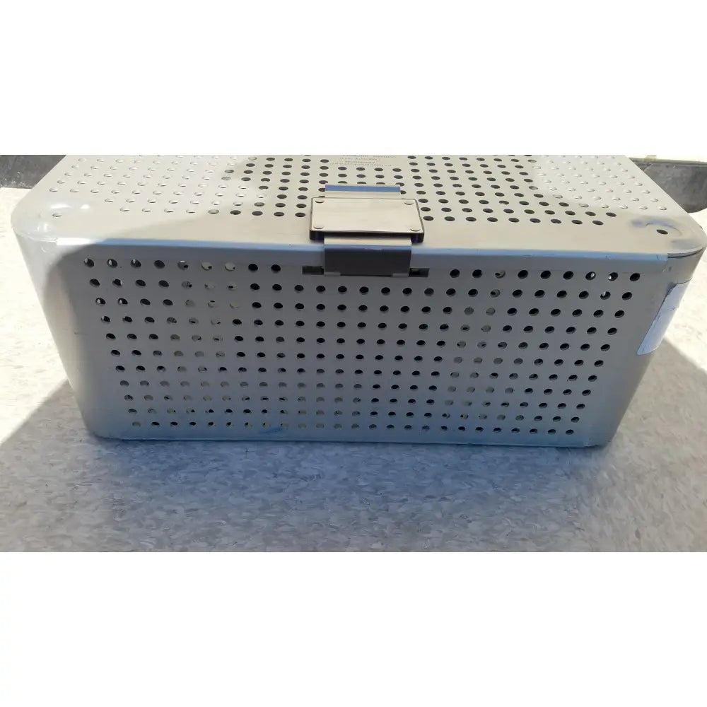 Silver perforated metal surgical instrument box with hinged lid and reinforced corners for imp innovative medical mayo knee positioner