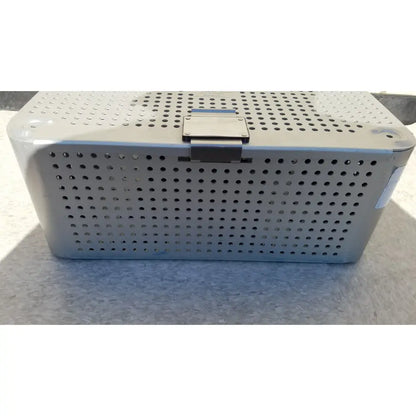 Silver perforated metal surgical instrument box with hinged lid and reinforced corners for imp innovative medical mayo knee positioner