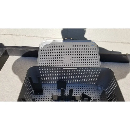 Gray perforated metal tray with matching lid and reinforced corners for imp innovative medical mayo knee positioner accessories