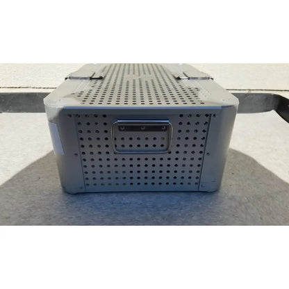 Gray perforated metal case with rectangular handle and reinforced corners for imp innovative medical mayo knee positioner tray