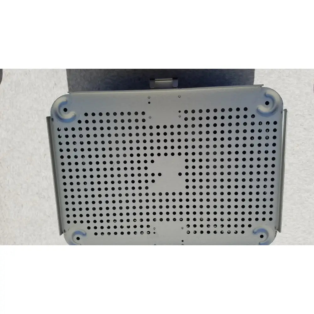 Gray perforated metal tray with blue plastic corner protectors for imp innovative medical mayo knee positioner accessories
