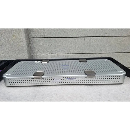 Silver perforated metal imp innovative medical mayo knee positioner base tray with three latches and engraved branding