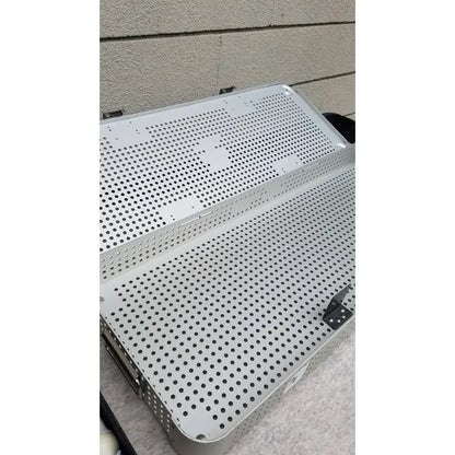 Silver perforated metal knee positioner base tray with reinforced edges by IMP Innovative Medical for Mayo knee positioner