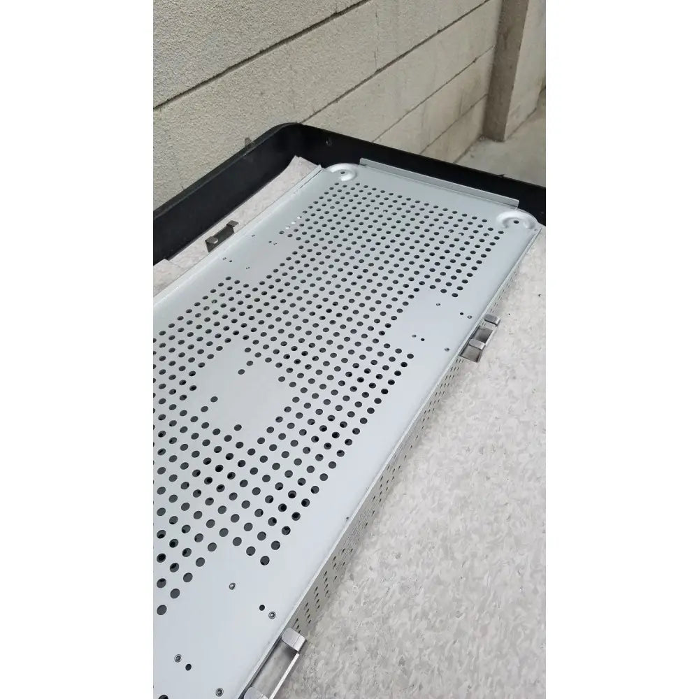 Silver perforated metal imp innovative medical mayo knee positioner base tray with reinforced edges for secure support