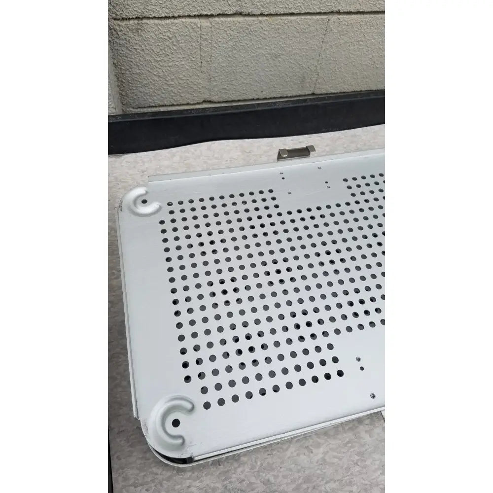 White perforated metal imp innovative medical mayo knee positioner base tray with rounded corners and molded plastic feet