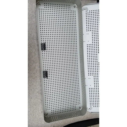 Silver perforated metal surgical instrument tray with black latches for imp innovative medical mayo knee positioner base tray